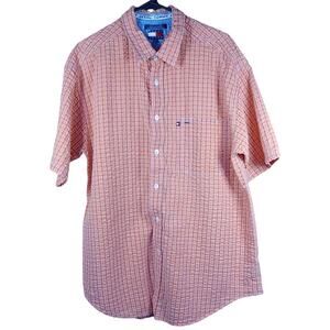 Vintage 90s Tommy Jeans Orange Plaid Short Sleeve Button Up Shirt Men's XL